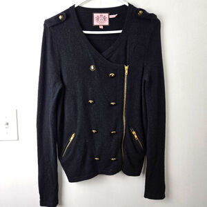 Juicy Couture Black Double-Breasted Wool Cashmere Military Style Moto Sweater